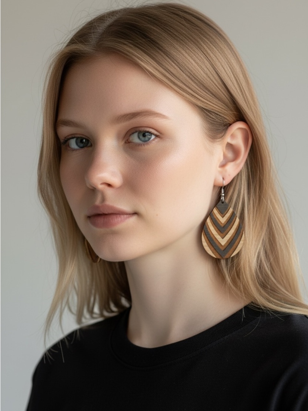 10/14 Handcrafted Layered Wood Teardrop Earrings - Brown